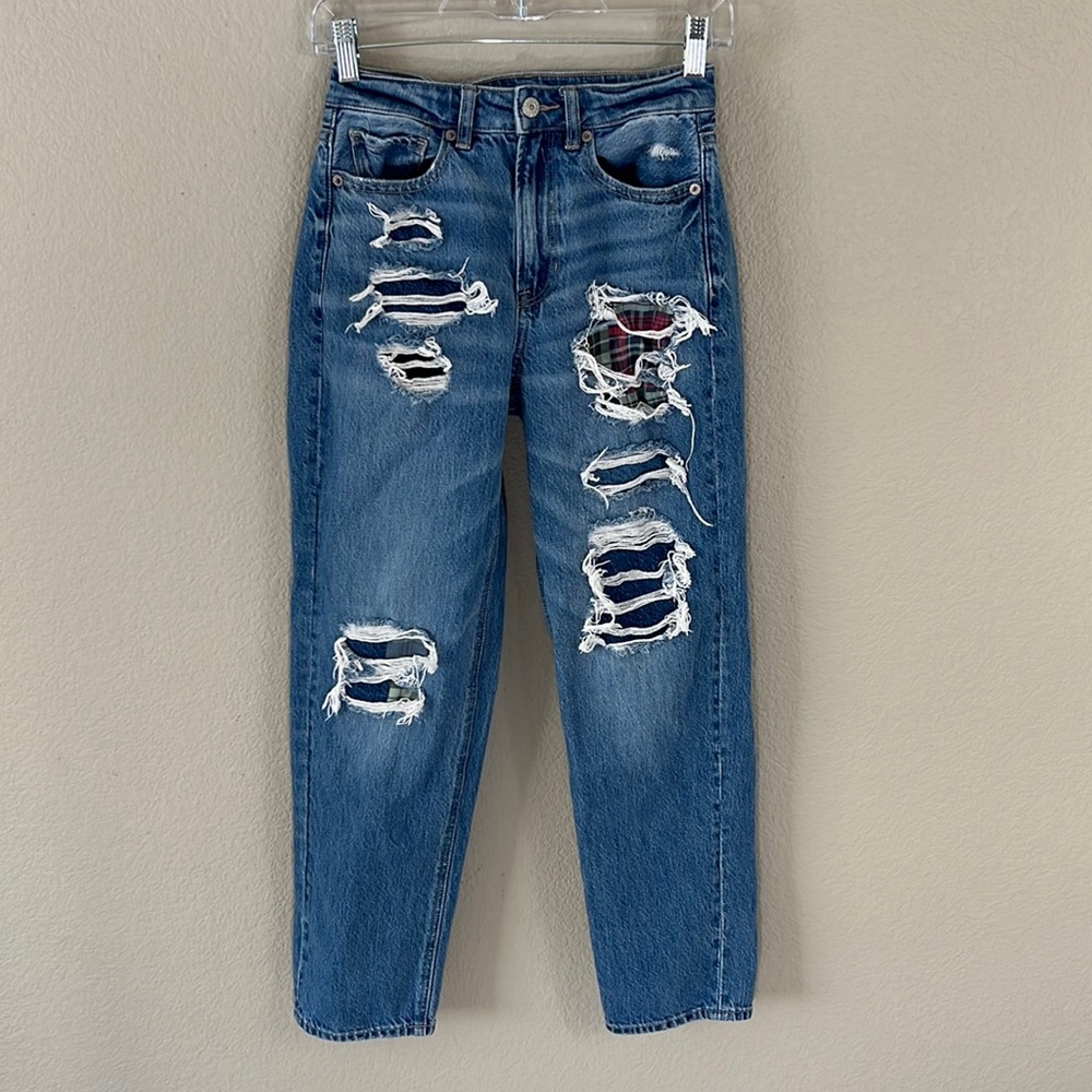 AMERICAN EAGLE High Rise MOM STRAIGHT JEAN Distressed Plaid Patch Size 2